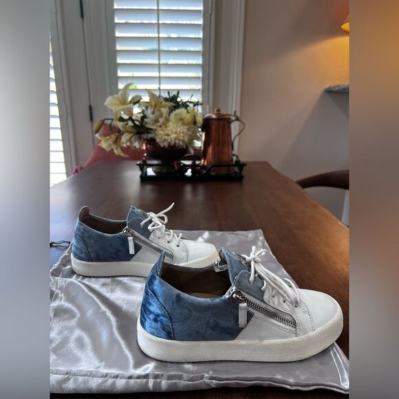Giuseppe Zanotti Blue Velvet & Leather Sneakers 37 (US 6.5) Made in Italy Luxury - Picture 3 of 11